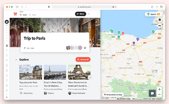Wanderlog, travel app