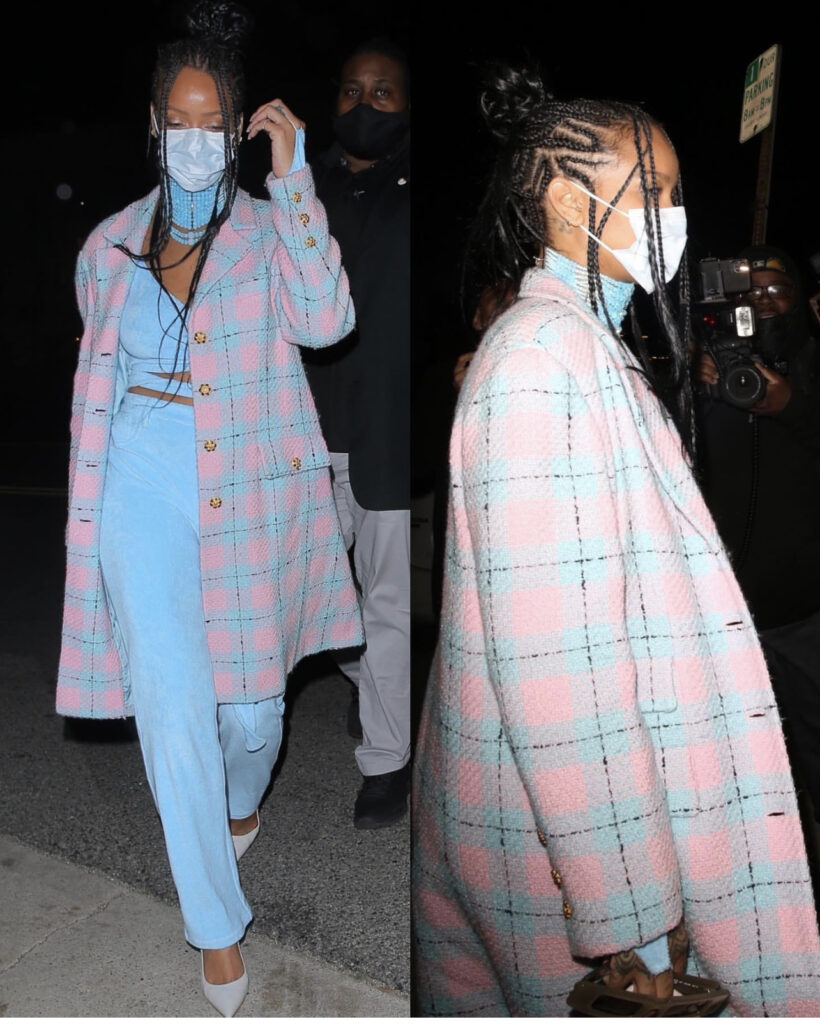 Rihanna street style at dinner pastel pants