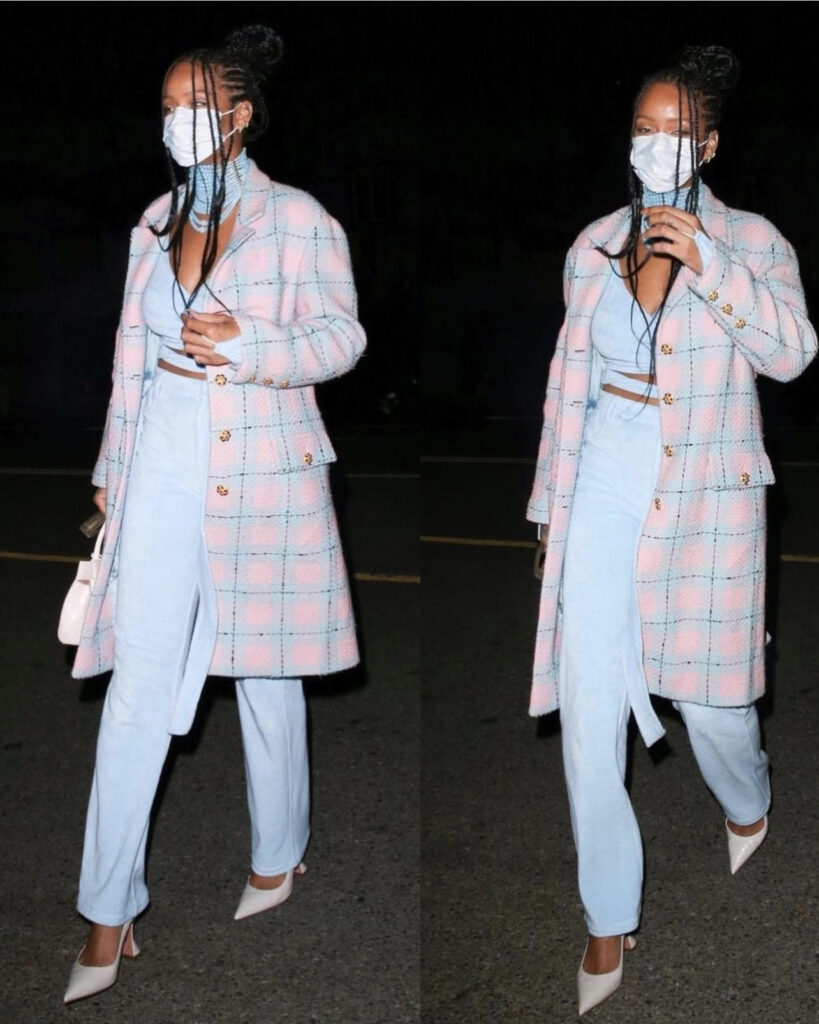 Rihanna street style at dinner pants suit