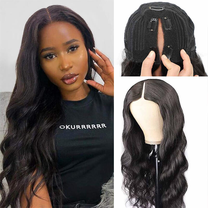 Black woman in a v-part wig with body waves.