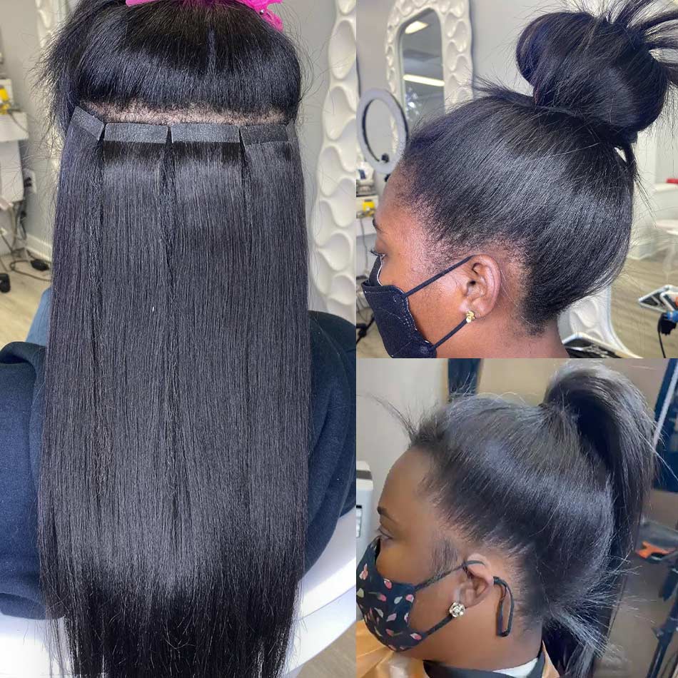 Black woman, natural and relaxed hair tape-in extensions